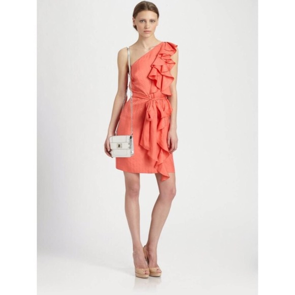 Milly Ruffle Milly | Dresses | Milly Cascade One Shoulder Silk Coral Ruffle Dress ...